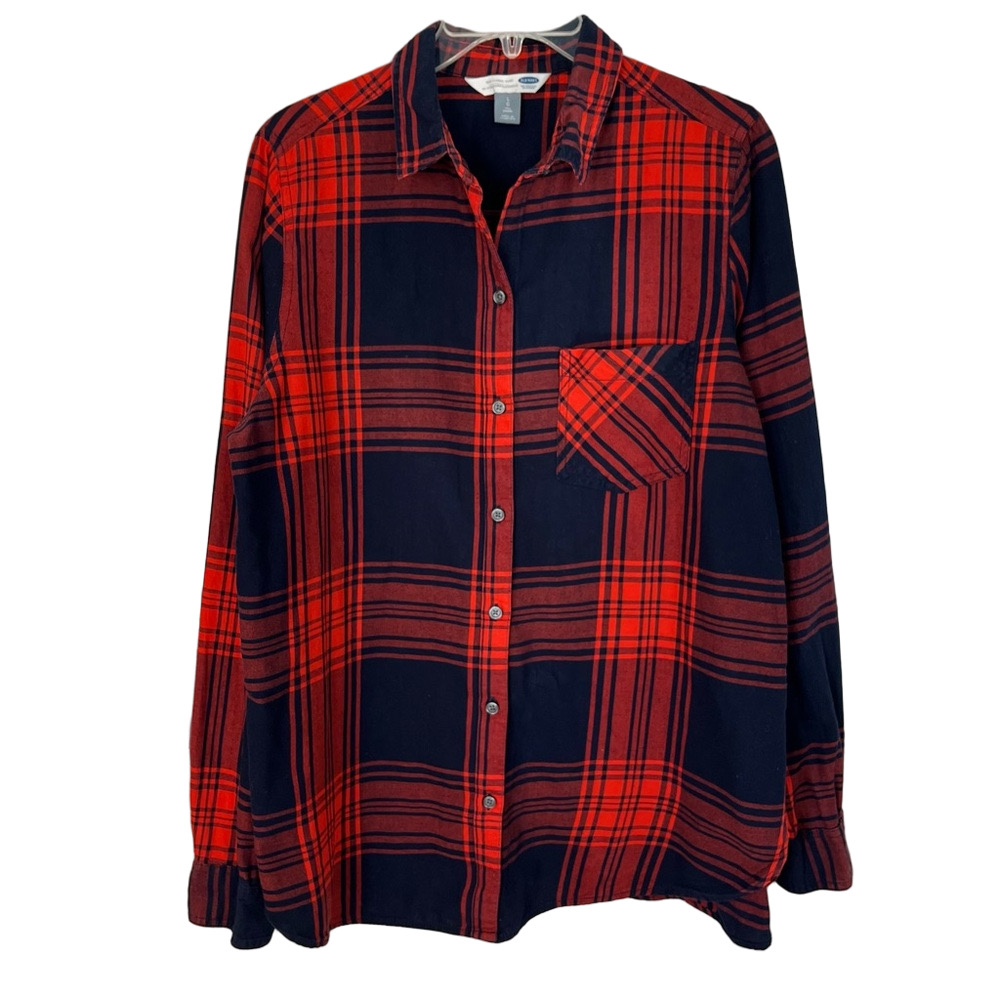 Old Navy Women’s Classic Red Navy Blue Plaid Flannel Long Sleeve Shirt L Tall